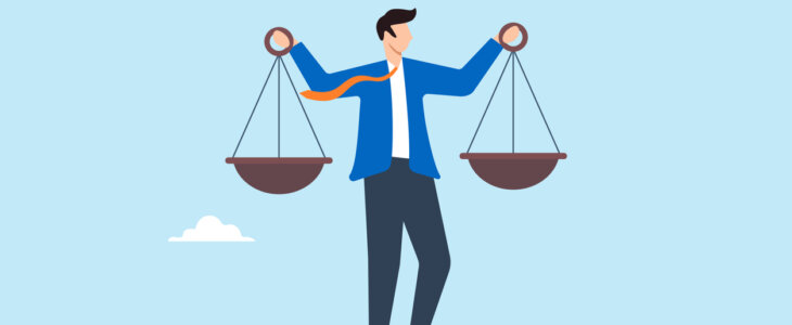 Flat illustration of Businessman compares scales to measure integrity and ethical decisions representing pros and cons